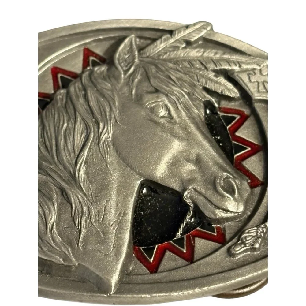 Vintage 90's C&J Belt‎ Buckle Native American Horse Feather Arrow Enamel Oval 3”